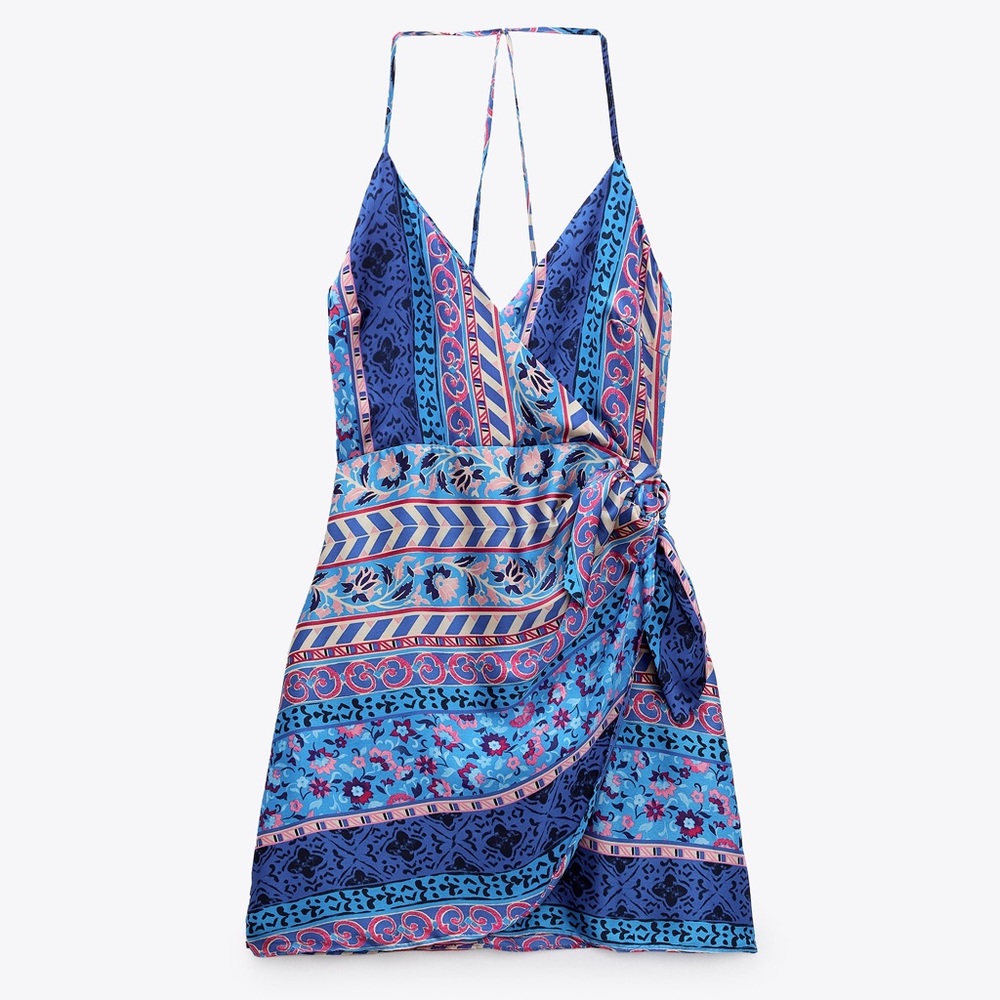 Zara satin blue mini print dress